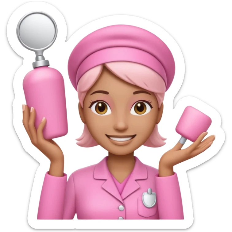 3D emoji of an esthetician wearing a pink uniform and smiling in a clean beauty studio sticker