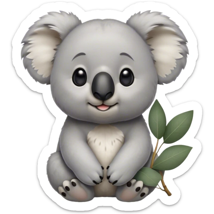Cinematic Noble Koala Portrait Emoji, Poised and regal, with a stocky, cuddly build and a plush, well-groomed grey fur, large round ears and a distinctive big black nose, deep-set soulful dark eyes, Simplified yet sharp and sophisticated features, highly detailed, glowing with a soft, dignified glow, high shine, intelligent and gentle, stylized with an air of eucalyptus elegance, focused and attentive, soft glowing outline, capturing the essence of a watchful and confident marsupial, so majestic it feels as though it could climb out of the screen with effortless authority! sticker