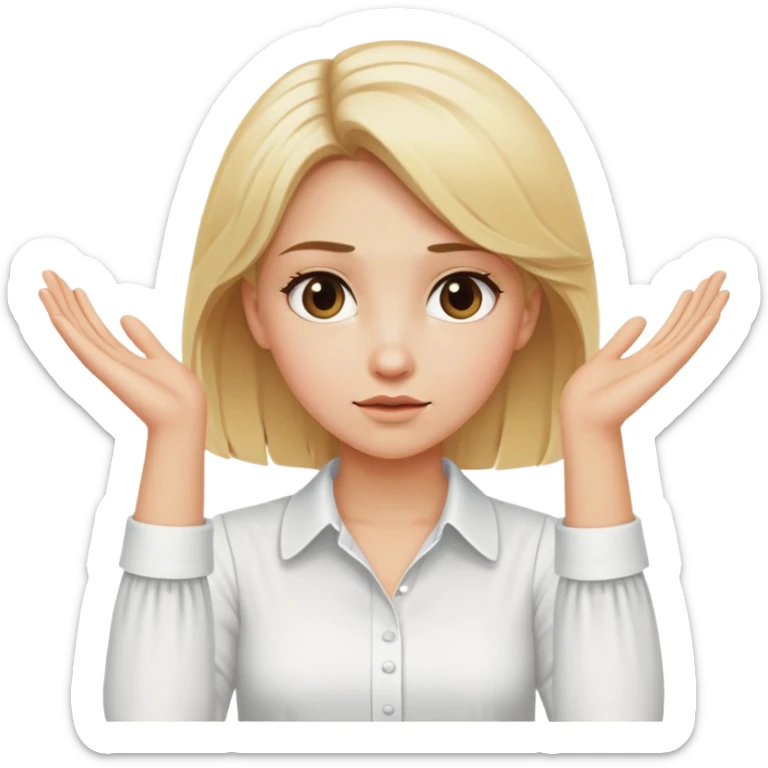 a blonde girl in a white blouse spreads her arms and literally shows the phrase "I don't know" sticker
