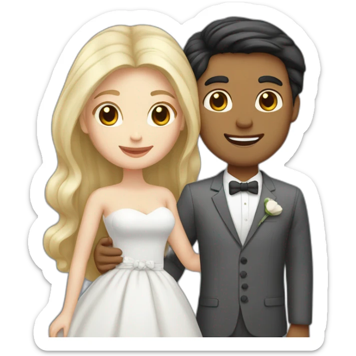 blond man, black hair white skin woman, marriage and holding gray cat sticker