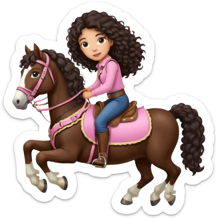 Realistic mixed race girl with long dark brown curly hair, riding a big shire horse, wearing pink harness and saddle  sticker