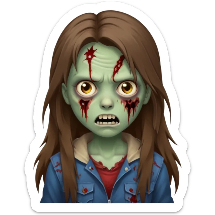 Girl zombie with brown long hair with teeth and serious face iPhone emoji sticker