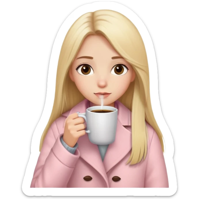 Long blonde straight hair girl drinking coffee, small brown almond eyes, with a soft pink cozy coat sticker