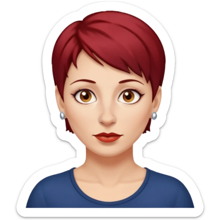 femme 40 ans, cheveux très court rouge foncé piercing sur le nez yeux marrons sticker