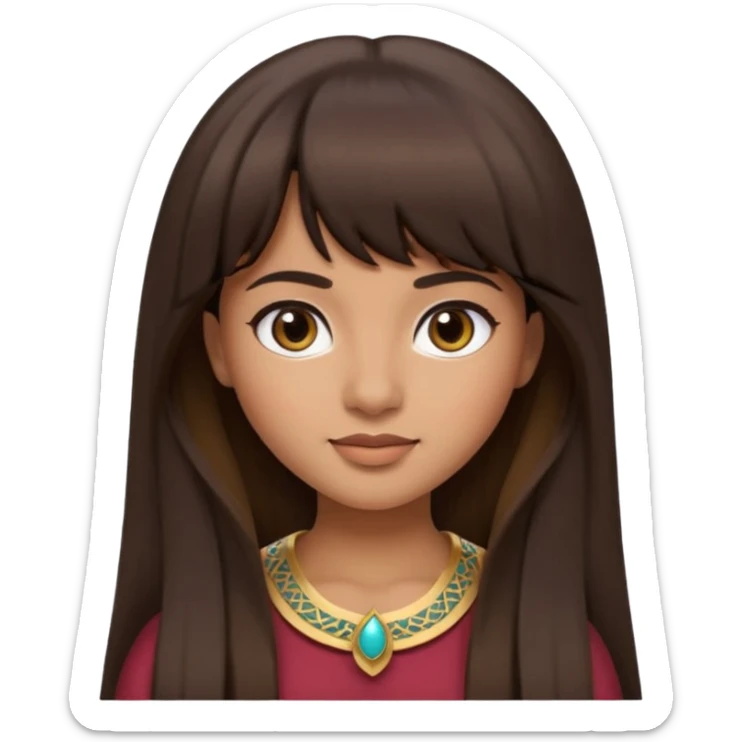 In Apple Memoji format, a girl with dark brown hair. She has bangs and her hair is long. The girl has light brown skin and arab ethnic features sticker