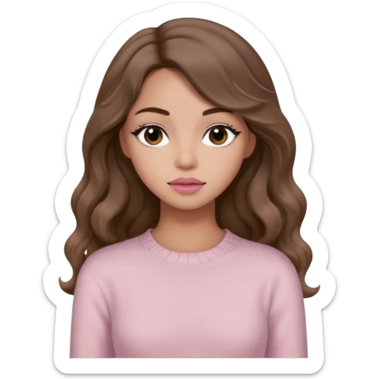 a woman with beige knit long sleeve top, her hair is long wavy brown hair, her face is soft girl style, her eyes color are black and the color of her lip is soft pink sticker