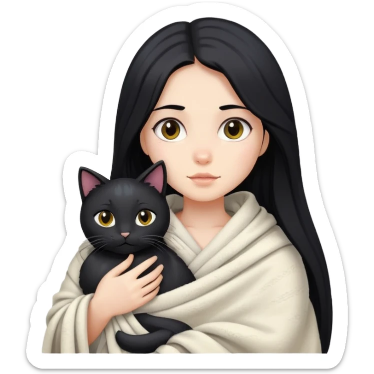 A girl with fair skin, long black hair, just got out of the shower, wrapped in a blanket and holding a black cat sticker