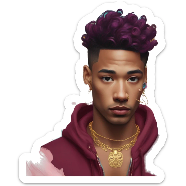 Vintage painting swirls gold jewellery baroque raven wings angel tropical Deep pink maroon burgundy cyan dark hoodie man vitiligo dyed hair gold piercings nose piercing ear piercings sticker