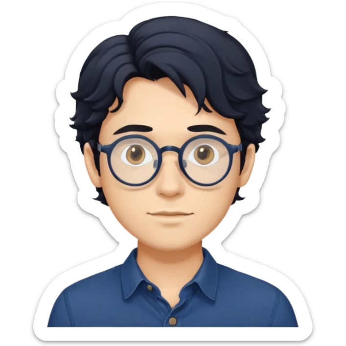 Torso view of young man with longer wavy black hair, round glasses, dark blue casual buttoned shirt sticker