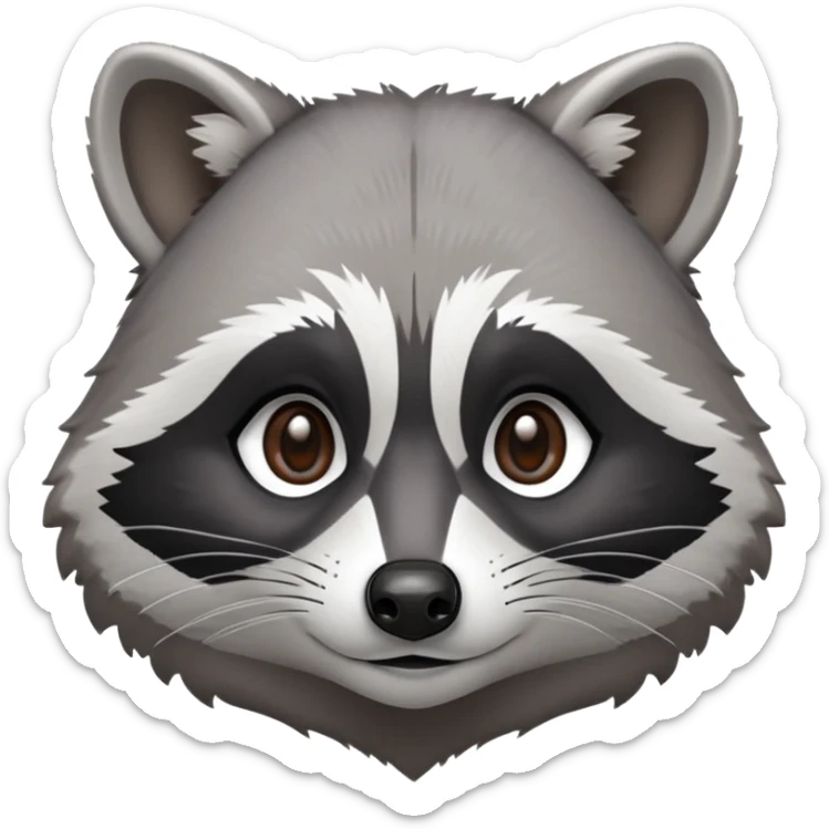 Cinematic-Noble-Raccoon-Portrait-Emoji – Poised and confident, with a sturdy build and a beautifully textured fur of silver-grey accented by dark black facial markings, deep-set, intelligent brown eyes, simplified yet sharp and sophisticated zoom out to show shoulders sticker