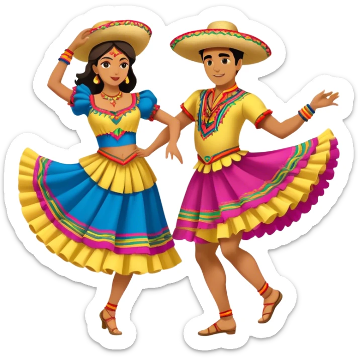 Cinematic Realistic scene of two dancers performing Cumbia, adorned in colorful traditional Colombian costumes with intricate details, captured in rhythmic motion with lively, festive lighting sticker