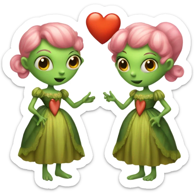 a green alien woman in Victorian orange dress, pink hair,holdig, red big hearth, full body sticker