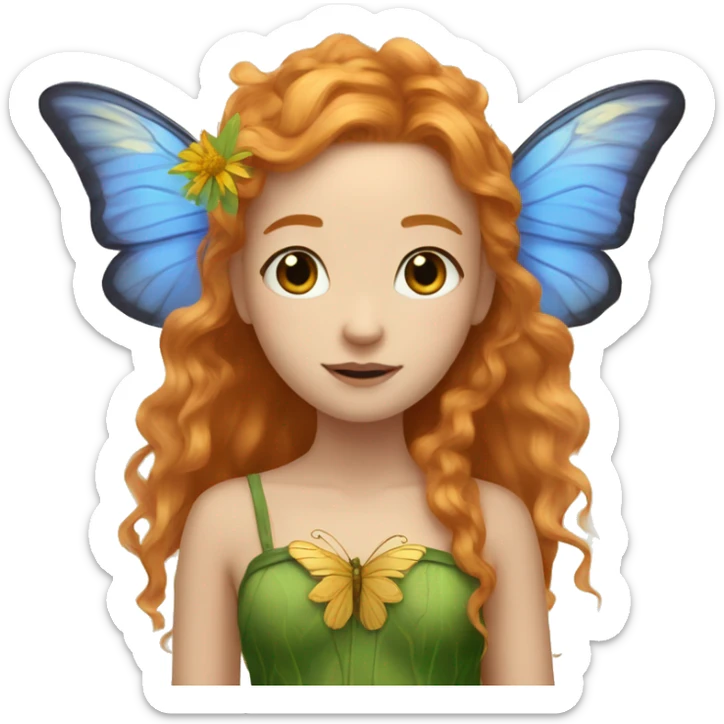 Beautiful, cornflower, fairy, green, gold, chest length ginger hair, big green and gold butterfly wings sticker