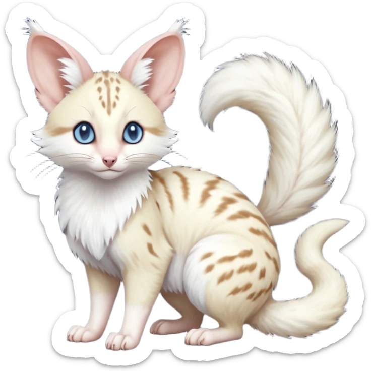 Albino-white, blue-eyed soft natural realistic romantic vintage antique divine beautiful elegant pretty precious cute young youthful  Fakémon-Pokémon-opossum-feline-mouse-serval-caracal-chinchilla-Minccino-Cinccino-Meowstic-rodent-hybrid-creature with a big fluffy bushy tail (full body) sticker