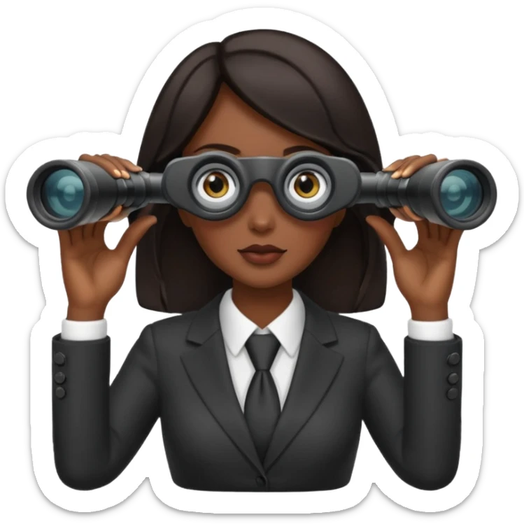 a woman with dark hair in a business attire looking into binoculars sticker