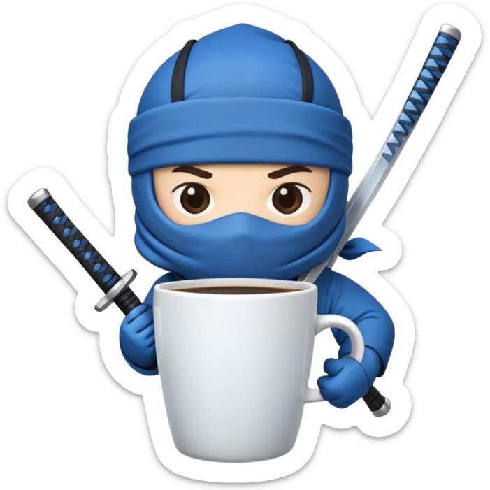 A cartoon to-go coffee cup with a blue ninja headband around the lid and holding a katana sword sticker