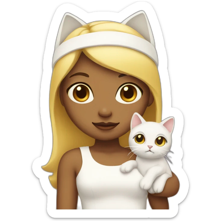 A yellow Girl, wearing a white dress and a white headband, holding a cat sticker