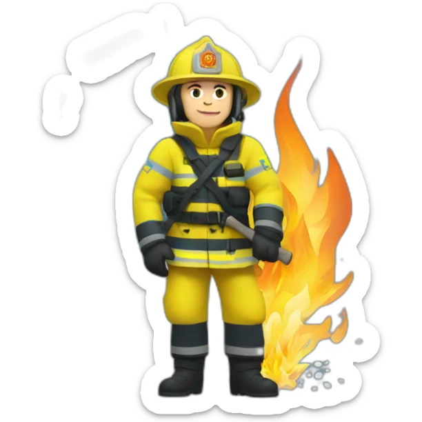 Ukrainian firefighter with the flag of Ukraine puts out the fire sticker