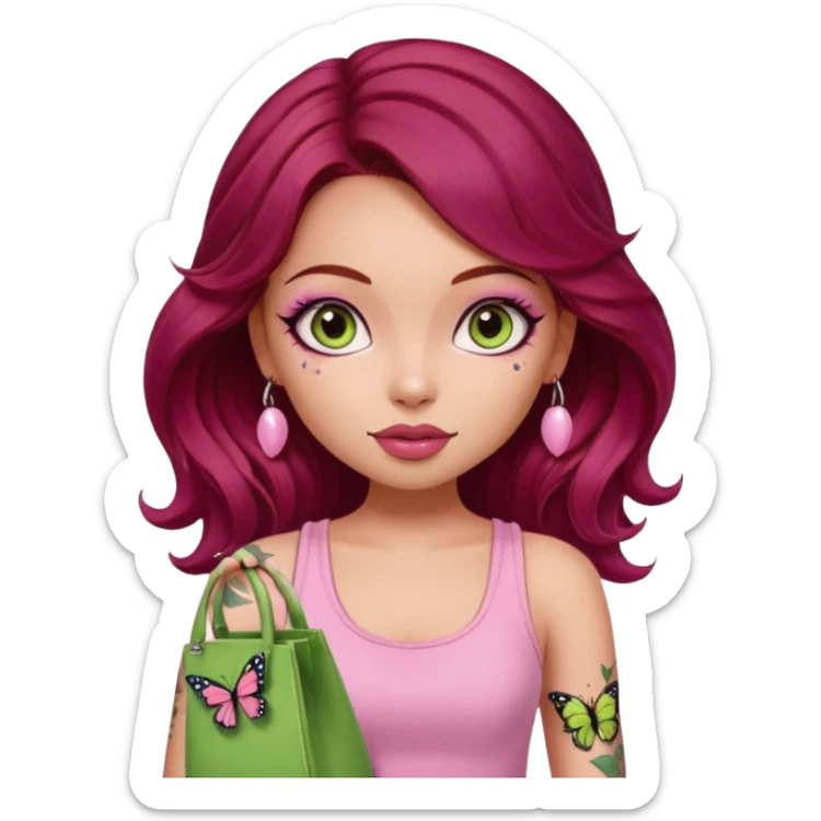 a pretty fair bratz girl with wavy dark red hair, wearing a pink tank top , carrying a matcha and a pink bag. eyeliner on. butterfly tattoo on arm sticker