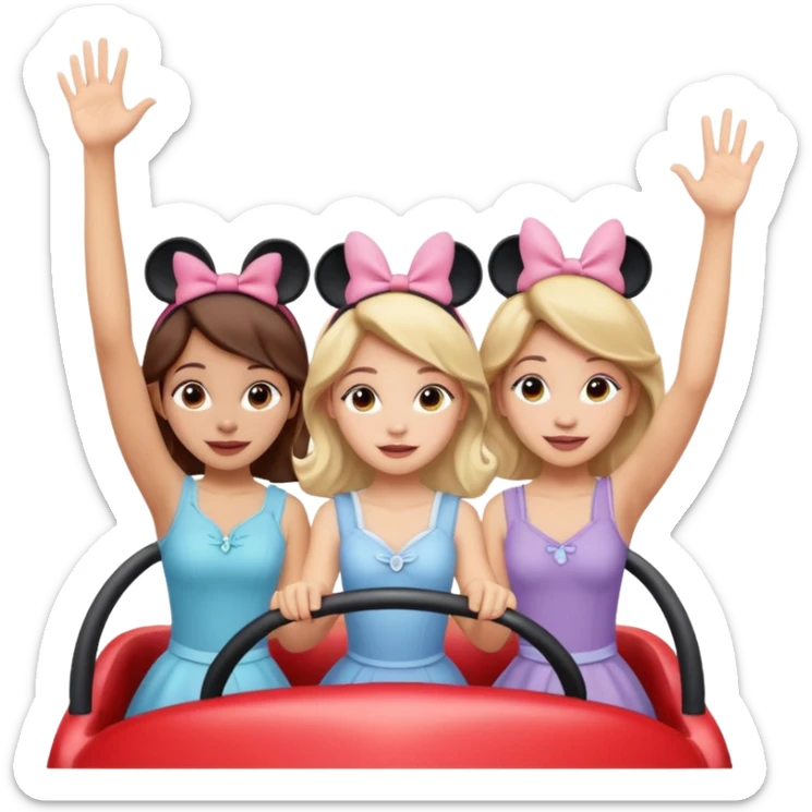 quatro chicas montadas en una atraccion de levantando la mano con orejas de Disney puestas en una atracción sticker