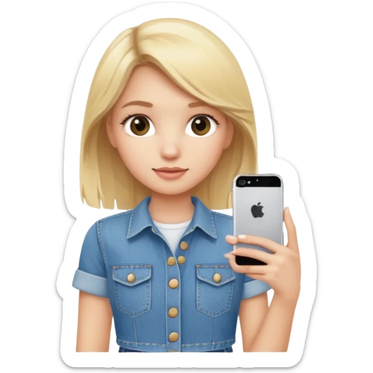 A blonde pretty girl wearing a denim skirt holding an iPhone 16 sticker