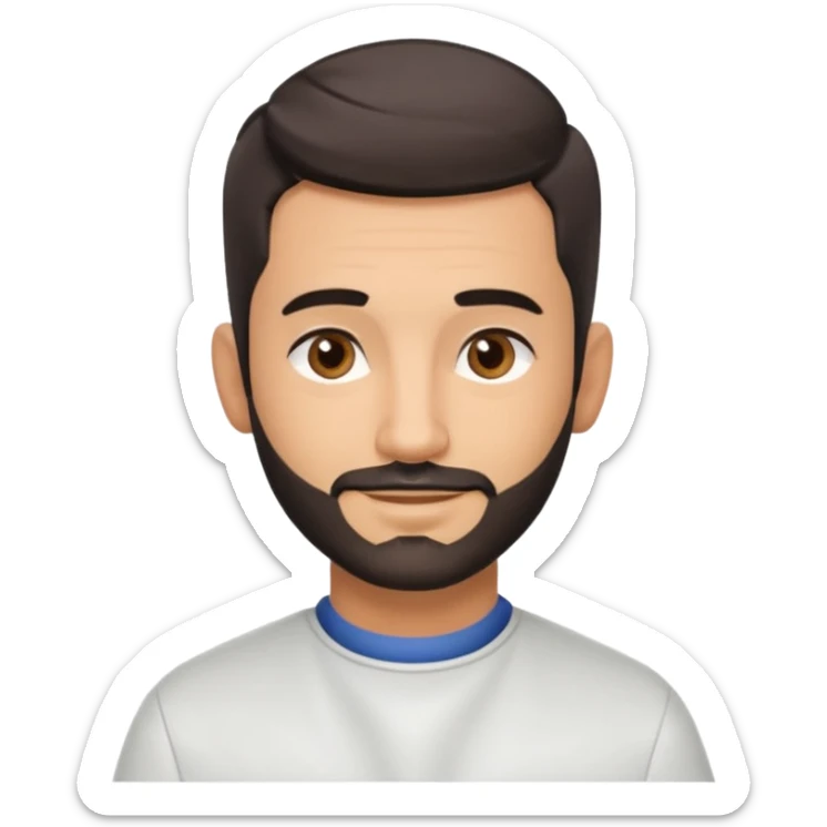 Apple-style 3D emoji of a male barber, dark graying straight hair styled forward in a crop haircut, light stubble beard, warm olive skin, brown eyes, friendly confident smile, slightly raised eyebrows, calm welcoming expression, soft studio lighting, clean background, high quality vector-like render sticker