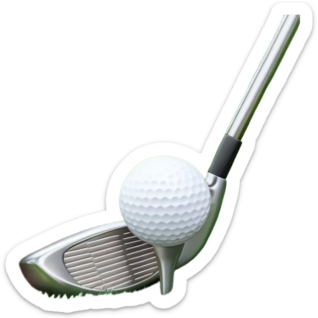 A golf ball positioned next to a golf club on a well-manicured green, with the lush grass of the golf course in the background. The setting captures the peaceful yet competitive atmosphere of the sport, focusing on the precision and skill required for the perfect shot sticker