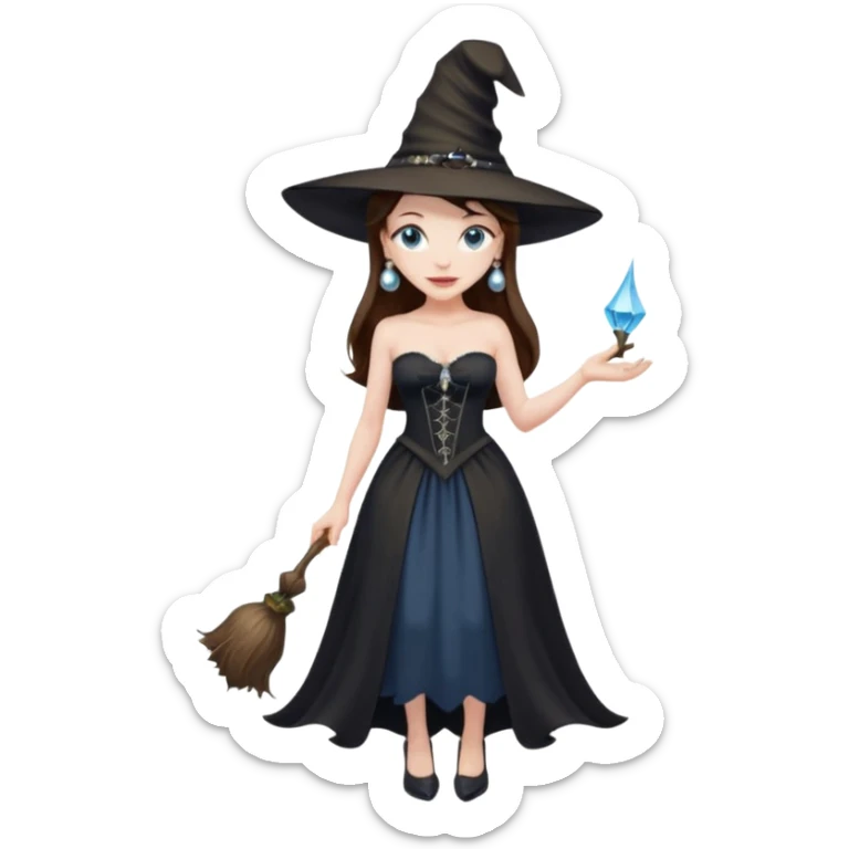 woman brunette, very large breasts, pale skin, blue eyes, long brown hair, black strapless dress, witch hat, pearl earrings, smirking, in black heels, standing, head to toe, full body, zoomed out, entire outfit visible sticker