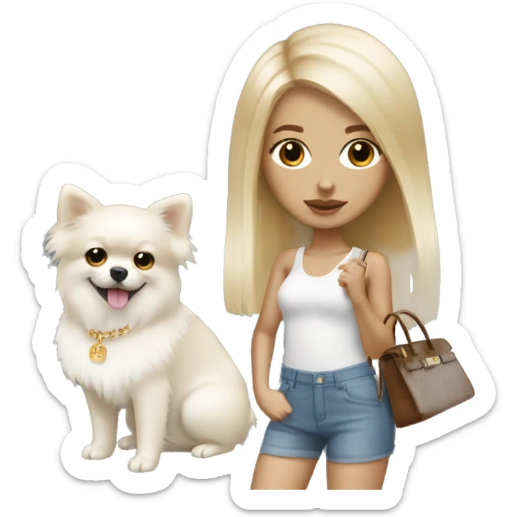 Blonde skinny girl with white pomeranian and Hermes birkin bag sticker