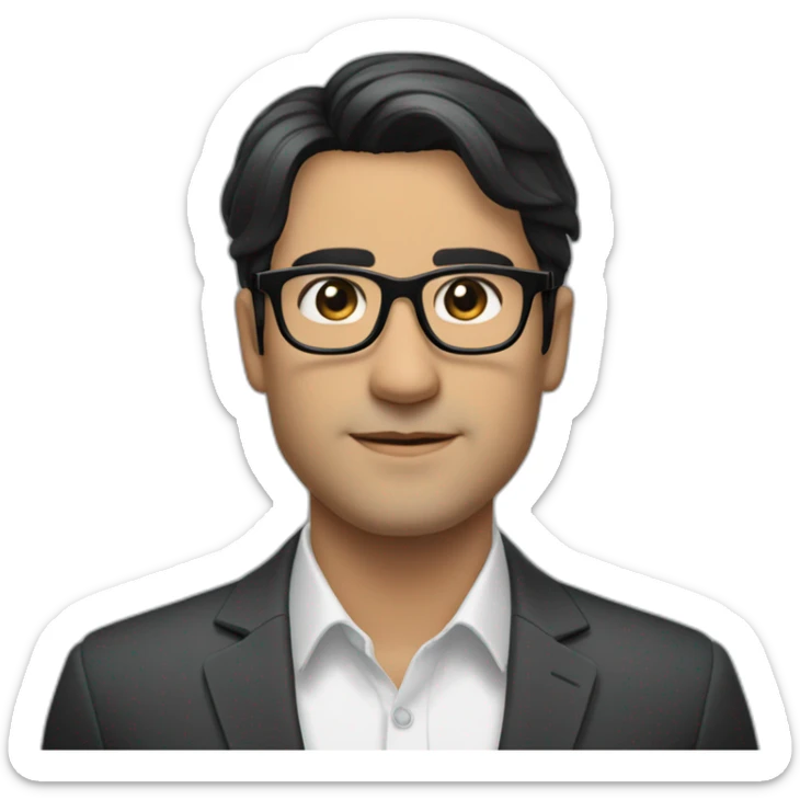 He is handsome man about 40 with black hair and eyes light skeen an he wear black glasses and suit he is employee of bank sticker