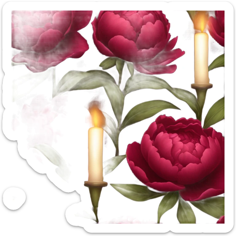 A cluster of deep red peonies and a flickering candle, tied together with a delicate lace ribbon sticker