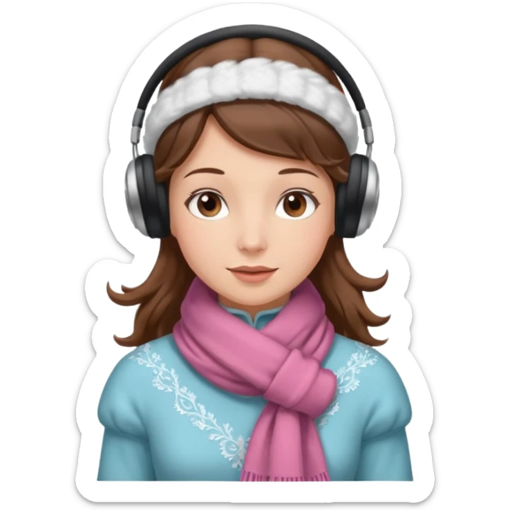 Victorian ice skater in a long dress. She is wearimg a scarf and earmuffs. She has boriwn hair. sticker