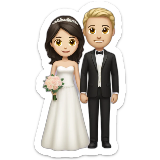 Woman with dark brown hair and man with blonde hair getting married sticker