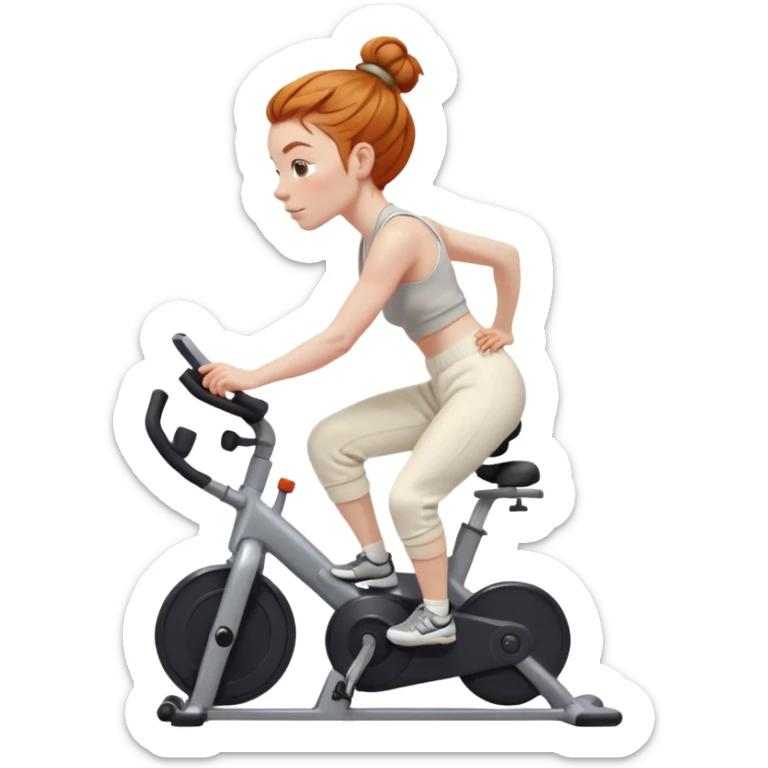 Fit Ginger girl big head messy bun riding stationary bike cream sweatpants sticker