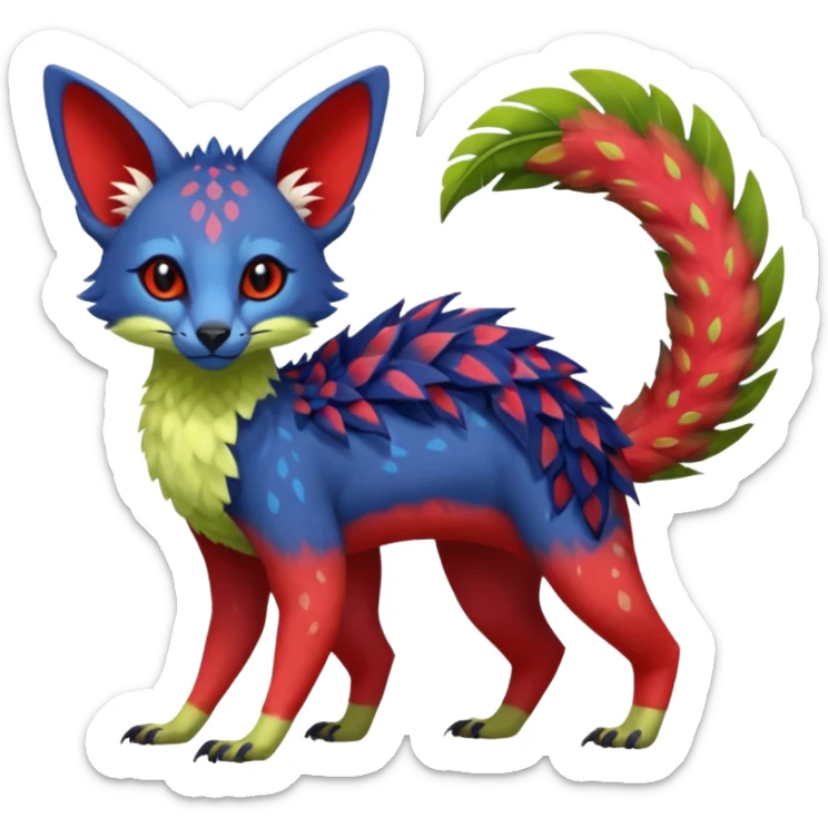 Feral Rare Fantasy vibrant tropical red and indigo and lime-collred Vernid-Trico-species-creature by LiLaiRa, random markings, tufted tail, tufted ears, full body sticker