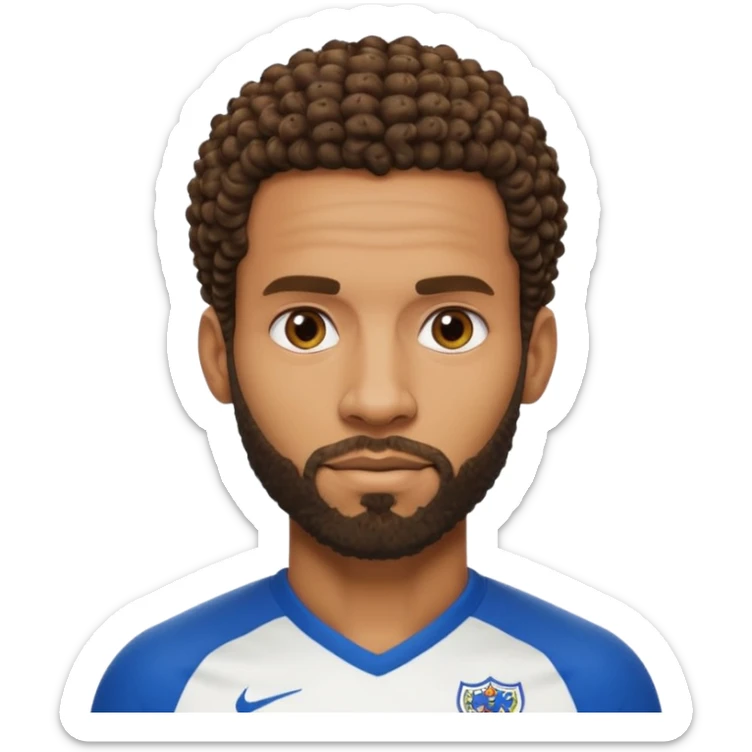 Black British footballer with sharp defined fade haircut, tight curly hair on top, trimmed beard, inspired by Apple emoji style, Rio Ferdinand sticker