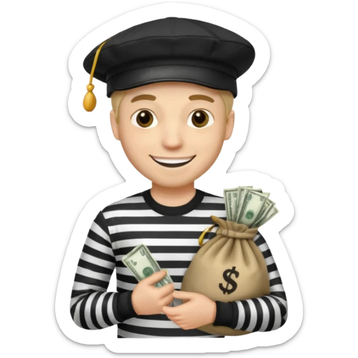 robber with 4 lines of black and white striped shirt and he has a money bag in his hand and a robber hat and he is smiling and he is white sticker