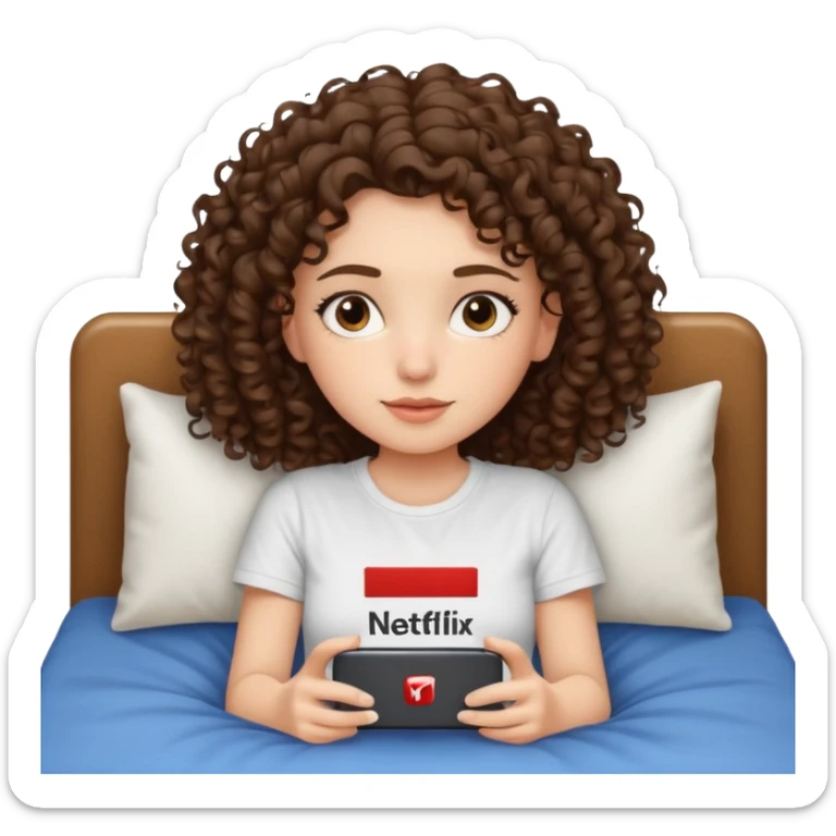 A girl, brunette with curly hair down to her shoulders, watching TV. Have her lie down on the bed, and put on Netflix on the TV. She walks by with her back to the camera, looking at the TV. sticker