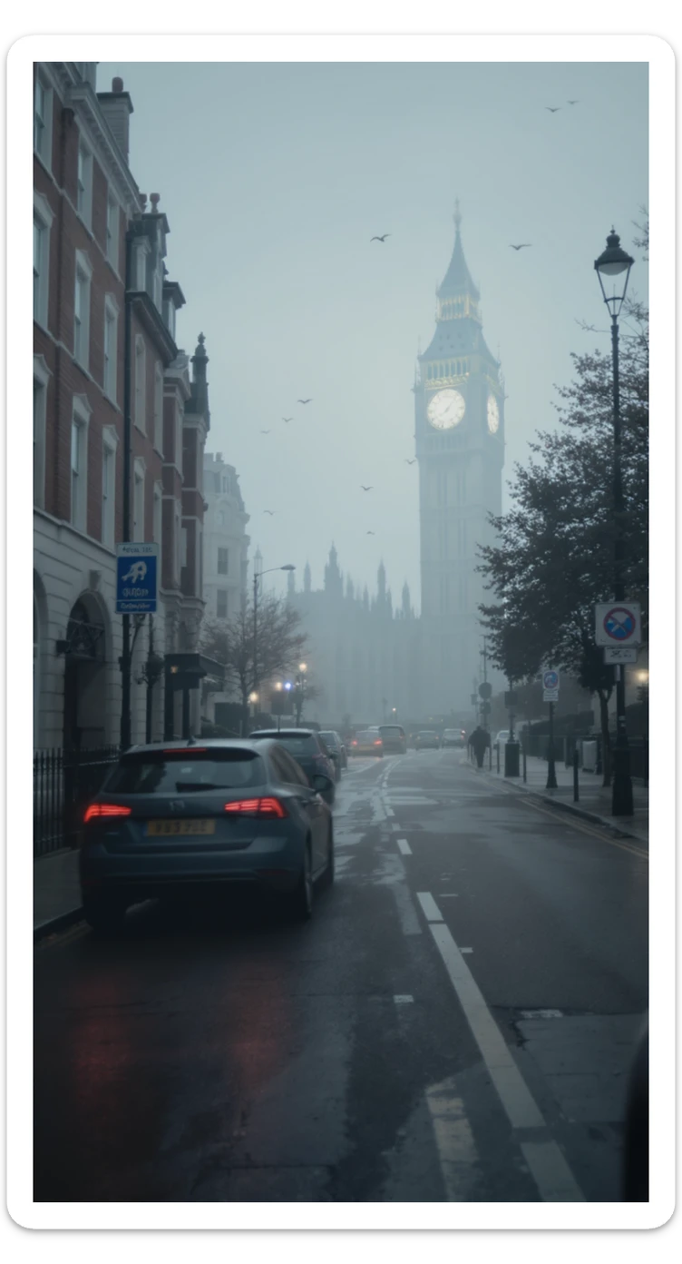 Cinematic shot of a london street, cloudy foggy day, soft light, leading lines to big ben in distance, multi composition, in foreground blurred car, on second street around UK bulding, od another plan in distance big ben, birds flying, artistic look, captured on arri alexa 35 sticker