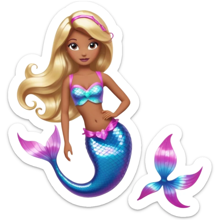 Brown skin blonde hair barbie mermaid with holographic tail and pink highlights in hair  sticker