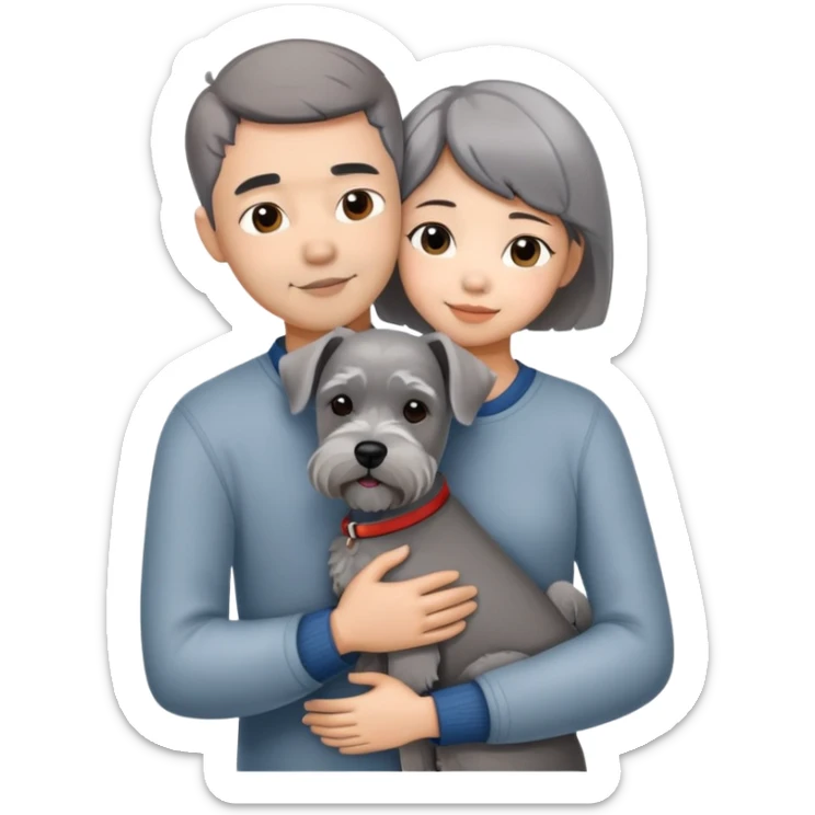 a shorthair Chinese girl with husband hugging a grey Schnauzer dog sticker
