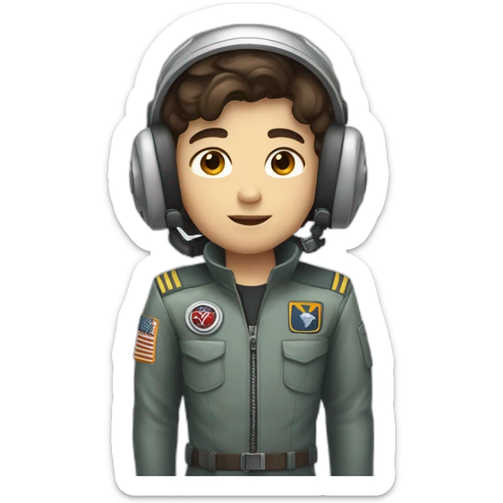 A white young boy with dark brown eyes and dark brown hair and a airplane pilot suit and a radio helmet sticker