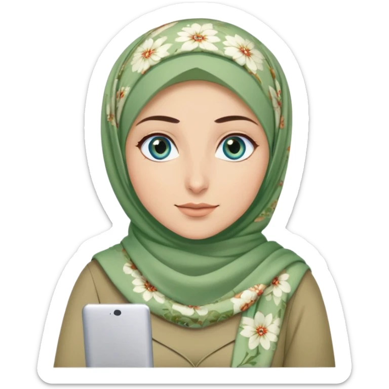 Turkish beautiful finish Konya girl blue eyes and green khaki hijab and light green floral dress and she work on office sticker