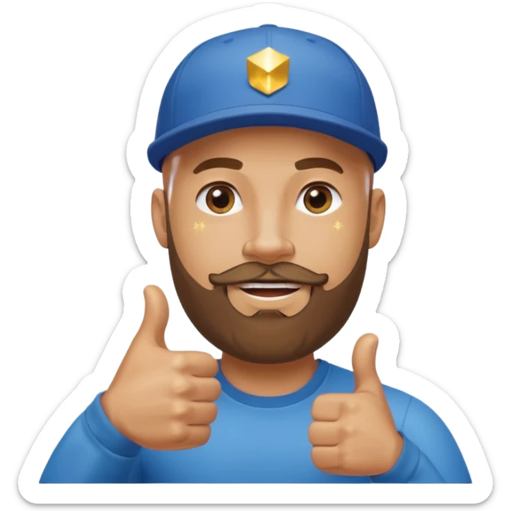 Bald bearded muscular man in cap giving thumbs up, Instagram logo, golden 500, sparkles, minimal emoji style sticker