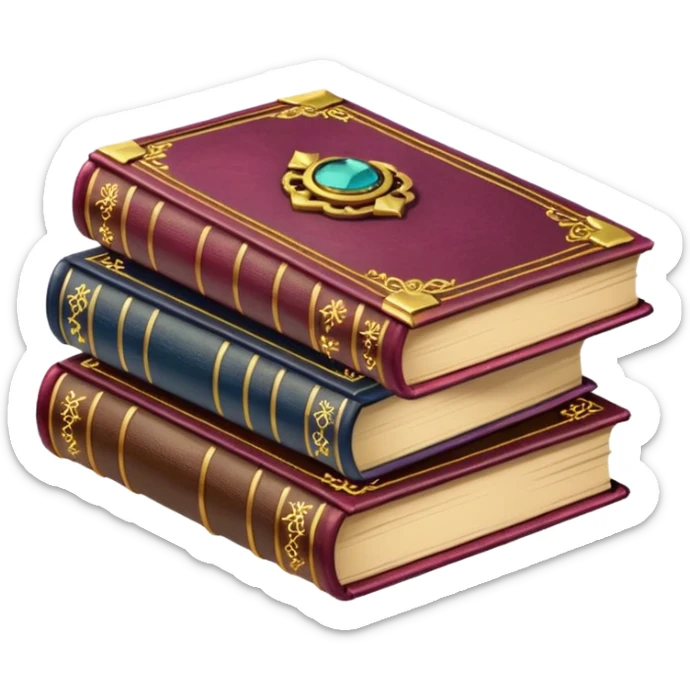 A stack of colorful spellbooks that look like they came out of a fine victorian library sticker