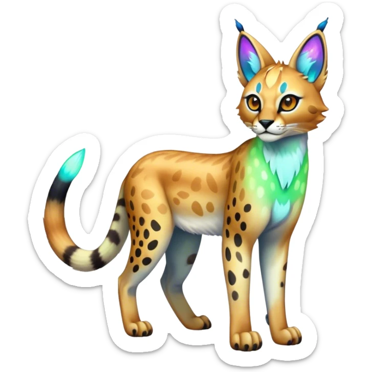 An iridescent transparent luminescent colorful fantasy-lynx-caracal-serval-fakemon-creature-hybrid sticker