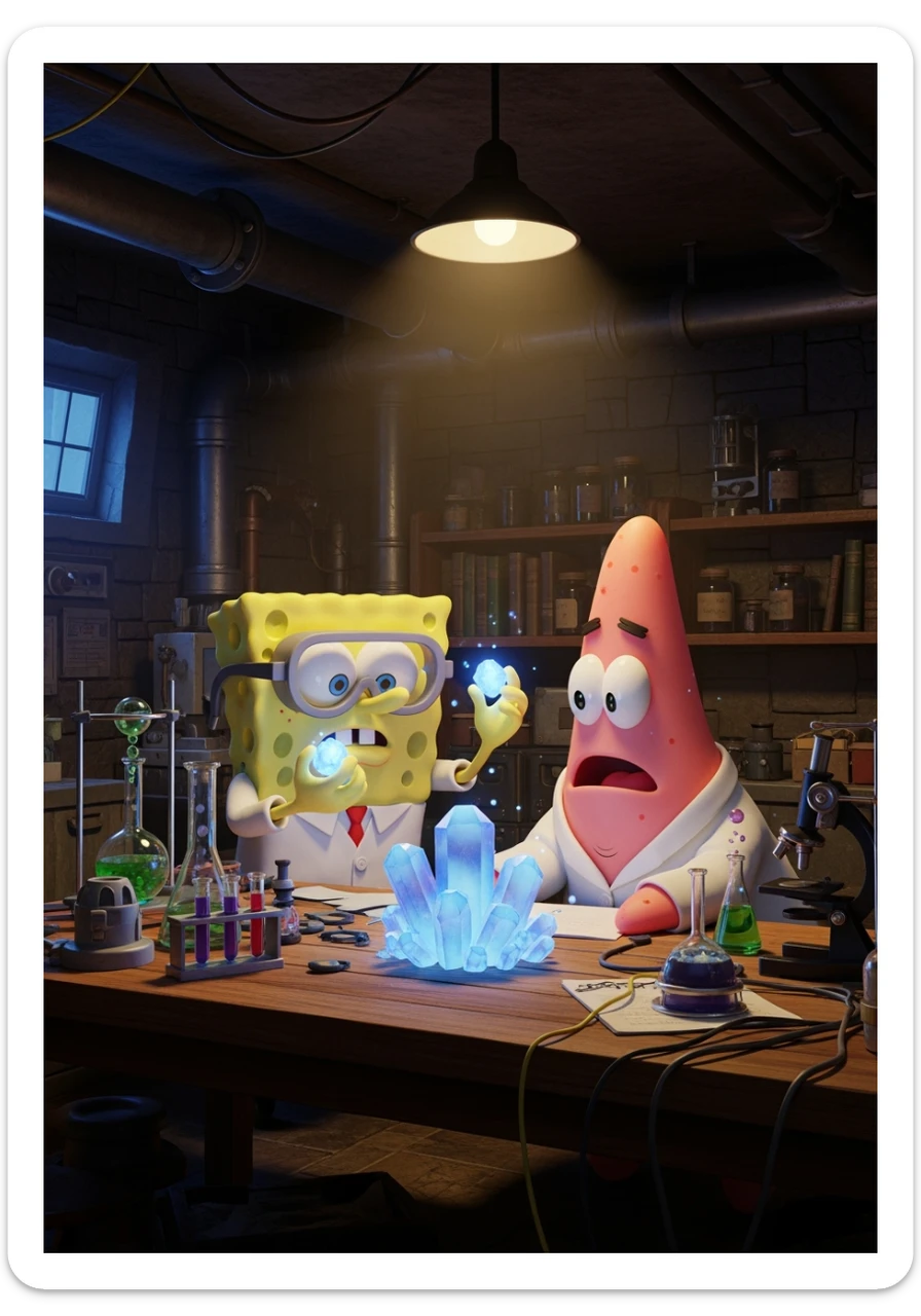 3D cienmatic cartoon shot, spongebob and patric dress in safety glasses and safe white outfit, the are standing front of table with blue crystals on table glowing (light source) science room in basement, back light, Cinema 4d render, proffesional lightning sticker
