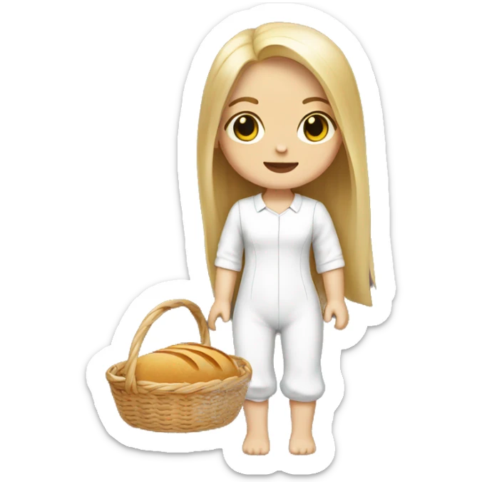 cute white doll, with jumpsuit, white shirt in it, long straight hair, holding a bread basket sticker