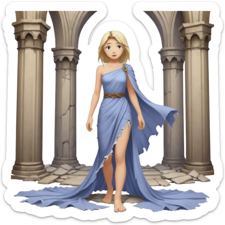 Female figure standing barefoot in ruined cathedral, dress slipping from shoulder sticker