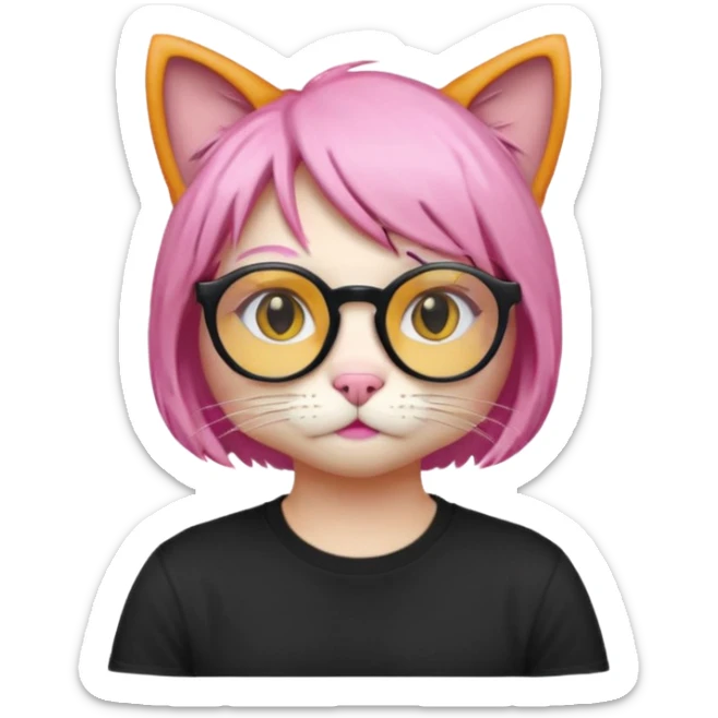 Orange Yellow cat wearing a little pink hair wig, black circle glasses, white T-shirt sticker